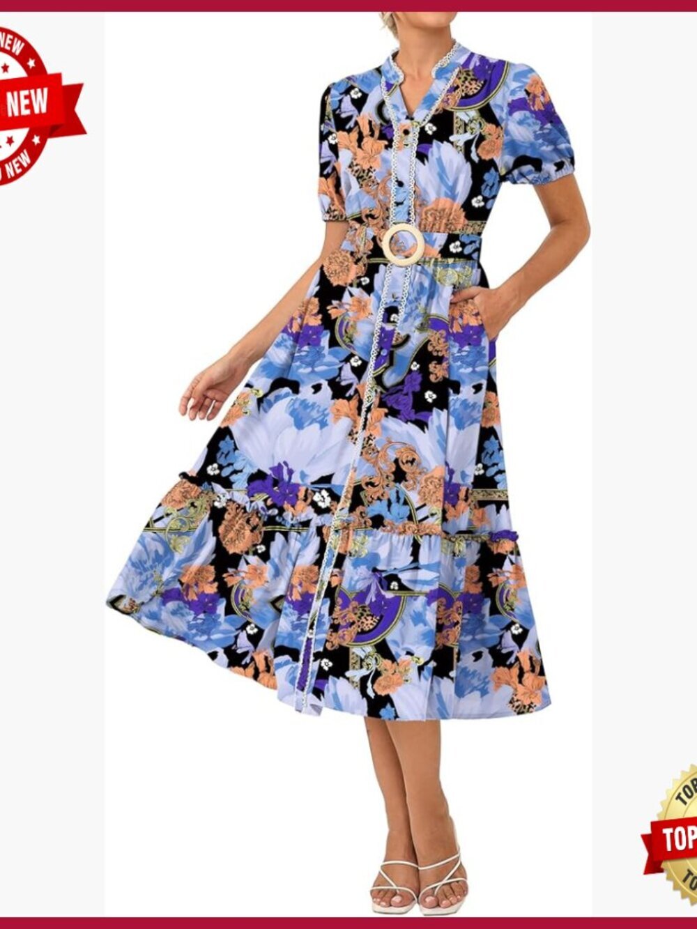Floral Maxi Dress with Pockets & Belt, Puff Sleeves, Casual Boho Style - Picture 1 of 7